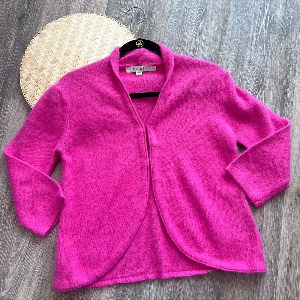 REISS Marisa cardigan puff shoulder bright pink angora‎ blend